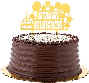 Restaurantware Top Cake 5.8 x 5.3 Inch Happy Birthday Cake Topper 1 Mirrored Birthday Cake Decoration - With Stars Balloons And Cake Durable Gold Acrylic Birthday Topper For Cakes