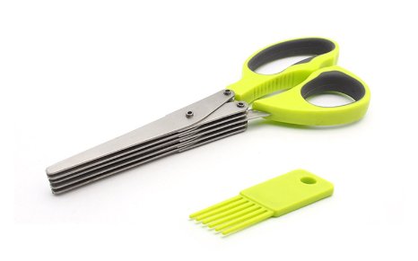 SS&CC Stainless Steel Herb Scissors - Ultra Sharp 5 Blades Heavy Duty Kitchen Shears - Multipurpose Cut, Snip, Chop Quick and Easy - Includes Cleaning Comb (green)
