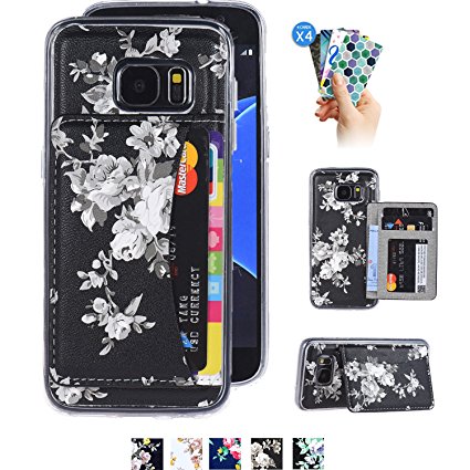 Galaxy S7 Edge Card Case,Galaxy S7 Edge Wallet Case,Tripky Flower Floral Flip Folio Wallet Cases PU Leather Magnetic Holster Phone Case for Galaxy S7 Edge with [kickstand][3 Card Slots]-Black&White