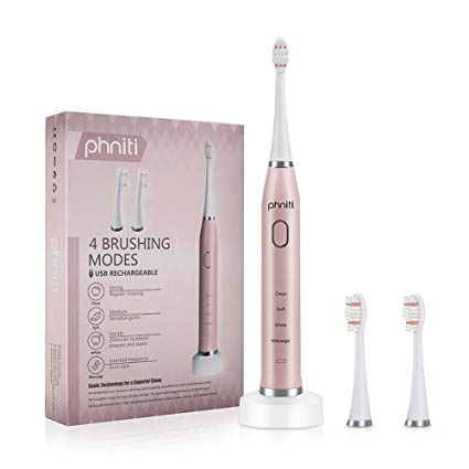 Electric Toothbrush Rechargeable Sonic Toothbrush for Adults,Smart Timer,Wireless Inductive Charging,4 Optional Cleansing Modes Travel Electric Toothbrush with 2 Replacement Brush Heads by Phniti