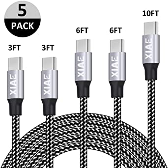 USB C Cable,XIAE 5Pack (3/3/6/6/10FT) Nylon Braided Fast Charging Cable Aluminum Housing Compatible with Samsung Galaxy S10 S9 Note 9 8 S8 Plus,LG V30 V20 G6,Google Pixel,Huawei P30/P20-Black&White