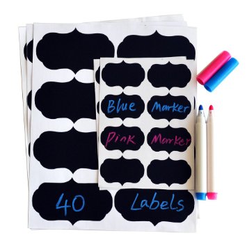 40 Packs Reusable Chalkboard Labels Stickers by Beeasy with 2 Erasable Liquid Chalk Marker ( White & Pink) for Office Home Kitchen's Jars Canisters and Storage