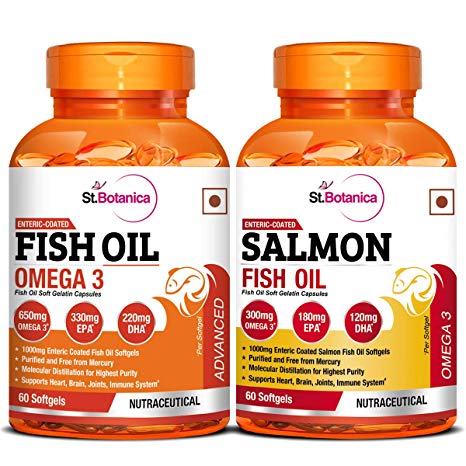 StBotanica Fish Oil Combo | Fish Oil 650mg Omega 3   Salmon Fish Oil 300mg Omega-3 (60 Softgels Each)