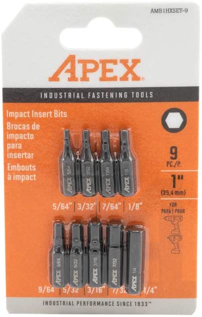 APEX AMB1HXSET-9 Industrial Grade 1-Inch SAE Impact Insert Hex Bit Set 9 Pieces, Black