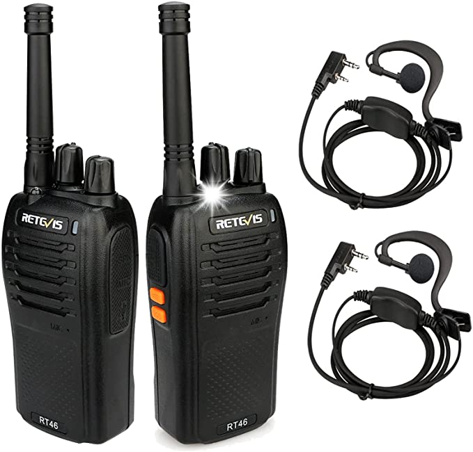 Retevis RT46 Walkie Talkie, Rechargeable Long Range 2 Way Radio,PMR446 16 Channels,SOS Alarm,LED FlashLight,Scan VOX, with Headset Walkie-Talkies for Adults (Black, 2Pcs)