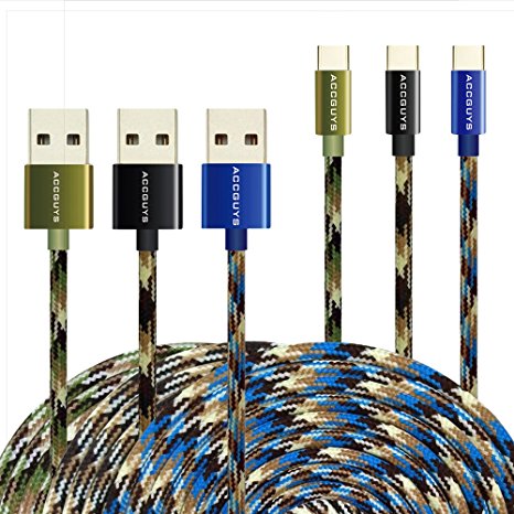 USB Type C Cable,ACCGUYS 3-Pack 10ft Nylon Braided USB Type C Charging Cable with Gold-plated Connector for Macbook Xiaomi Letv USB to USB C Cable (10FT blue green black)