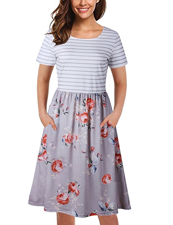 TECREW Women's Striped Short Sleeve Floral Print Knee Length Midi Dress with Pockets