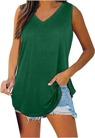 Tank Tops for Women 2024 Summer V Neck Sleeveless Basic Tanks Loose Fit Flowy Printed Shirts Casual Vacation Beach Blouses