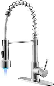 WEWE Kitchen Faucets, Brushed Nickel Kitchen Faucet with Pull Down Sprayer Spring Single Handle Stainless Steel Kitchen Sink Faucet with LED Light Deck Plate for Laundry Rv