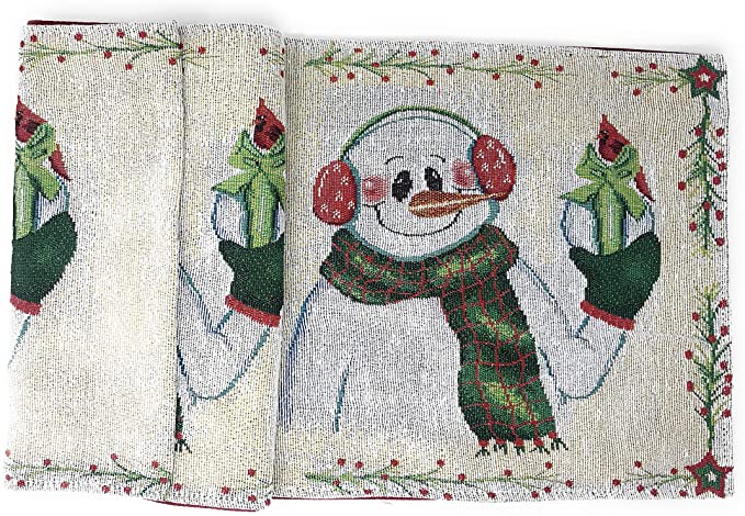 DaDa Bedding Magical Snowman Table Runner - Festive Holiday White Tapestry - Cotton Linen Woven Dining Mats (9733) (13x48)