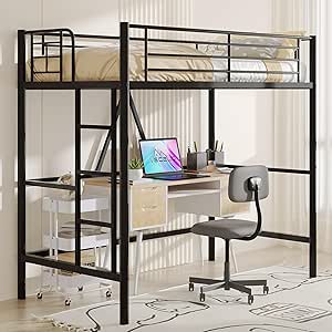 VECELO Loft Bed Twin Size, Metal Bedframe with Removable Ladder and Safety Guardrail, No Box Spring Needed, Space Saving, Noise Free, Black