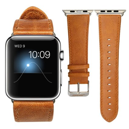 Apple Watch BandJisoncase Genuine Leather Strap Wristband With Free Adapters for Apple Watch Sport Edition 42mm- iWatch Replacement Band with Metal Clasp in Brown JS-AW4-06A20