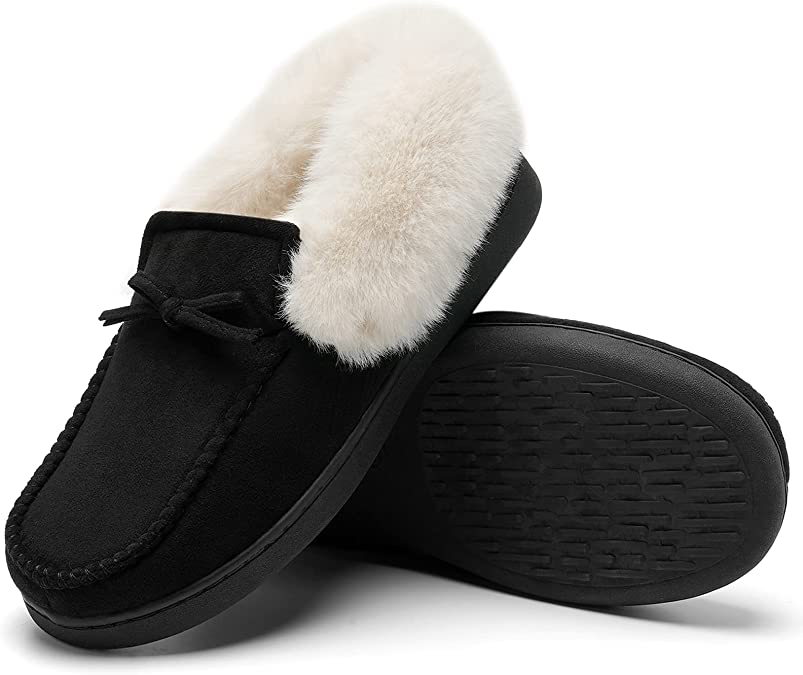 Womens Micro Suede Moccasin Slippers Memory Foam Plush Lining Warm Indoor Outdoor