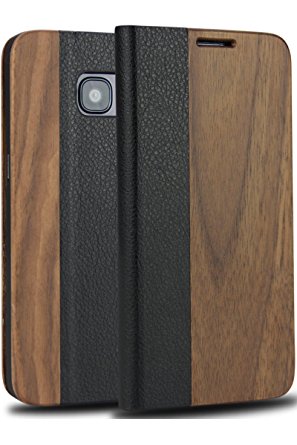 Galaxy S7 Edge Case,YFWOOD Galaxy S7 Edge Wooden Leather Case,Black Genuine Leather Flip Folio[Kickstand Feature] With ID&Credit Card for Samsung Galaxy S7 Edge(walnut)