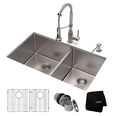 KRAUS KHU103-33-1610-53SSCH Set with Standart PRO Farmhouse Sink and Bolden Commercial Pull Faucet in Stainless Steel Chrome Kitchen Sink & Faucet Combo, Stainess