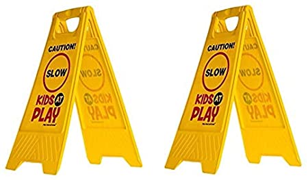 Essentially Yours 2 Pack Kids Playing Safety Sign (Double-Sided, Yellow) - Caution, Slow, Kids at Play