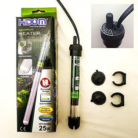 Hidom HT-2025 Submersible Blastproof Aquarium Heater 25w with FREE THERMOMETER - Max Tank Size 25 Litres
