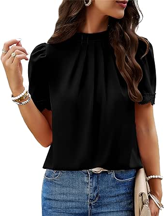 BTFBM Women's Dressy Casual Blouses Business Work Tops Lace Trim Short Sleeve Office Shirts 2024 Summer Spring Outfits