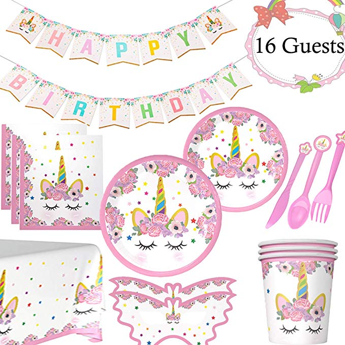 Unicorn Party Supplies Set-Serves 16 Unicorn Party Decoration Kit For Girls Birthday Plates Cups Napkins Table Cover Banner Tableware Decors Kids Party Supplies