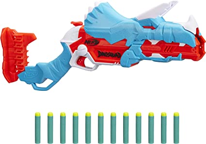 Nerf DinoSquad Tricera-blast Blaster, Break-Open 3-Dart Loading, 12 Nerf Darts, Dart Storage, Triceratops Dinosaur Design