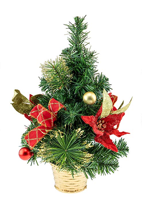 Clever Creations Miniature Christmas Tree - Sparkling Poinsettias and Gold Ornaments - 16 inch Christmas Tree Perfect Holiday Decor for Offices, Classrooms, or Home