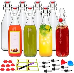 8 Pack 32oz Swing Top Glass Bottles,Flip Top Brewing Bottle with Airtight Stopper Lids, for Juice, Water, Kombucha, Wine, Beer Brewing, Kefir Milk or Eggnog(Bonus Gaskets and Funnel)