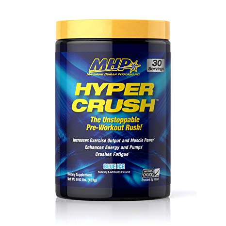 MHP Hyper Crush Pre-Workout Rush, Muscle Pumps, Creatine, AKG That Crushes Fatique, 350mg Caffeine Lasting Energy, Citrulline, Beta-Alanine, Blue Ice, 30 Servings