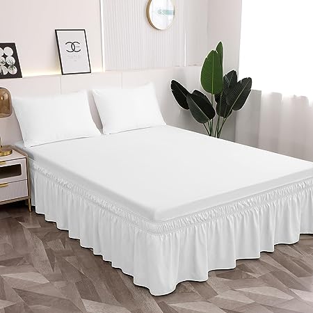 Toodou White Bed Skirt 16 Inch Drop Dust Ruffle Only, Three Microfiber Fabric Sides Wrap Around with Elastic, Easy to Install, Cover Up Queen Size Bed