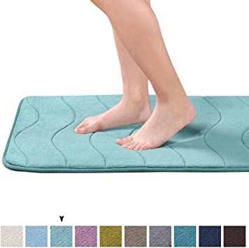 Real Memory Foam Bathroom Rug Extra Absorbent Slip-Resistant Bath Mat Dry Fast Machine-Washable Bath Mat with Rubber Backing, Luxury Gentle Bath Rug, Green Waved Pattern, 20" x 32", 1 Piece