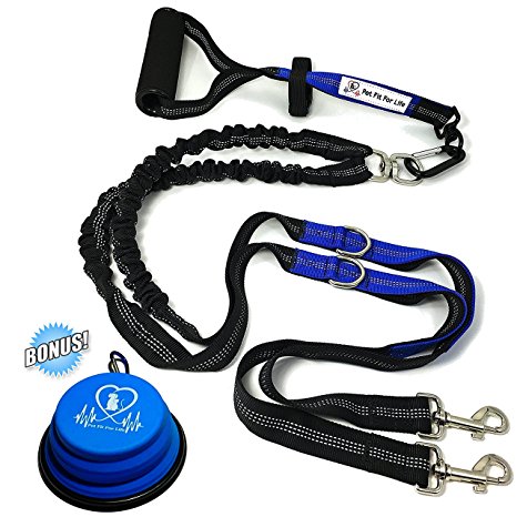 Pet Fit For Life 64" Premium Dual Dog Leash With Comfortable Soft Grip Foam Rubber Handle And Integrated "Shock Absorbing Bungee"