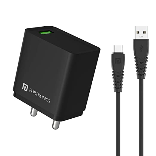 Portronics Adapto ONE C 18W Fast Charging Single Port Mobile Charger Adapter with 3Amp Output,1M Type C Cable(Black)