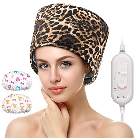 Hair Steamer Deep Conditioning Heat Cap Adjustable Hair Care Heating Cap with Intelligent Protection, Sturdy Material, and 2 Reusable Shower Caps, Gifts for Women (Leopard)