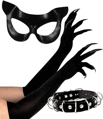 Black Cat Mask Costume Accessories Cat Woman Costume for Women Halloween Masquerade Mask Adult, Cat Claw Gloves & Faux Leather Choker Necklace 3PC