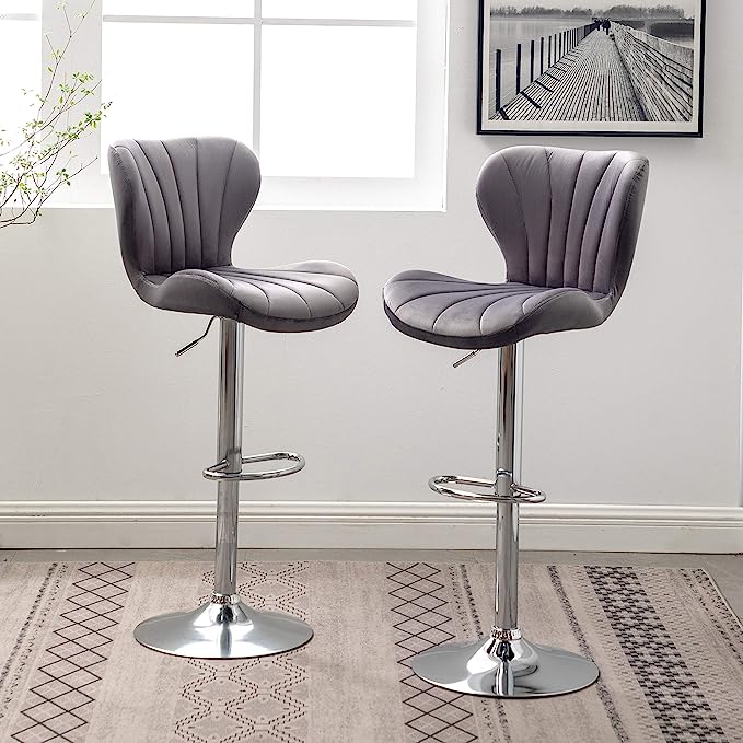 Roundhill Furniture Ellston Velvet Adjustable Swivel Barstools in Gray, Set of 2