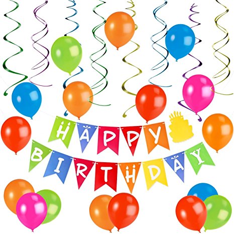 PBPBOX Birthday Party Decorations, Happy Birthday Banner and 8pcs Hanging Swirls, 30pcs Party Balloons