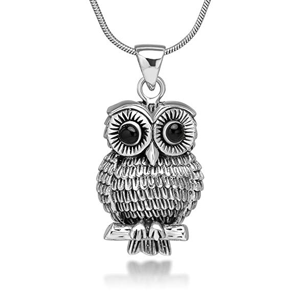 Chuvora 925 Oxidized Sterling Silver Vintage Detail Black Eyes Owl Tree Branch Pendant Necklace, 18 inches