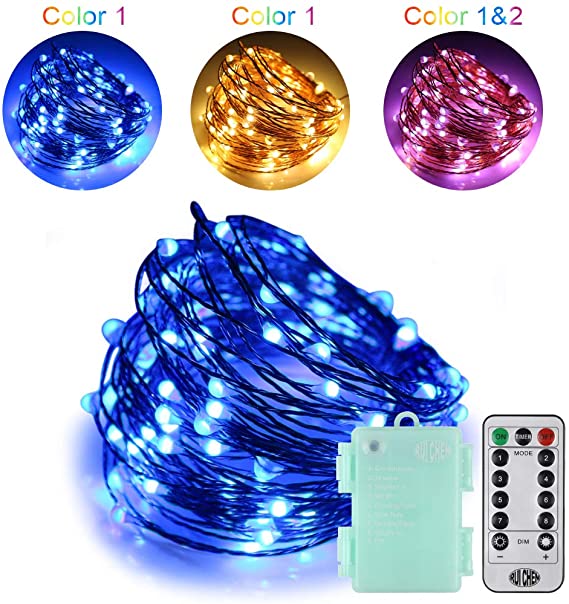 RUICHEN Dimmable Battery Powered LED Fairy String Lights, 33ft 100 LED Dual Color Changing Fairy Lights with Remote 8 Modes Waterproof Copper Wire Lights for Outdoor Garden Patio(Warm White&Blue)