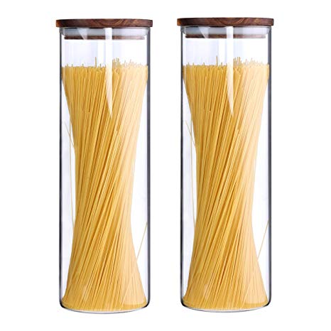Clear Tall Glass Jars Containers With Airtight Lids Glass Canisters For Kitchen Food Storage Jars Glass Storage Containers Wood Lids,Pasta Spaghetti Jars Noodle Holder Container 63 Floz 2 Piece Set