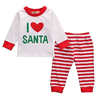 Infant Toddler Newborn 2 PCS/Set Xmas Pajamas Set I Love Santa Top  Stripe Pants