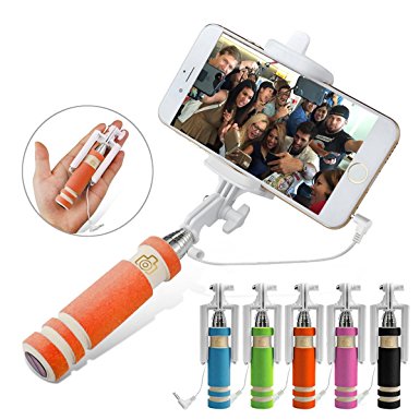 Livestream® Gear | MINI Wired Foldable Selfie Stick with Built-in Wire Bluetooth Remote Shutter for all Smartphones, Fits in Your Pocket - Plug & Play (Orange)