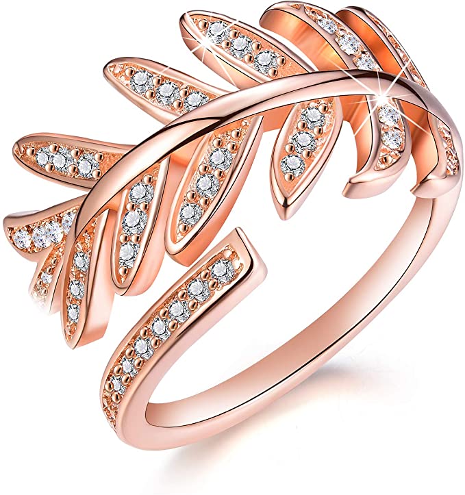 Madeone 18K Rose Gold Plating Pine Leaf Feather Ring Diamond Cut Cubic Zirconia CZ Stone Adjustable Ring Christmas Jewelry Gifts for Women with Box Packing