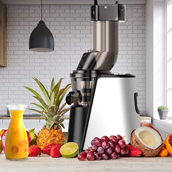 COSTWAY Slow Masticating Juicer Machine, Stainless Steel Centrifugal Juice Extractor with 2 Cups, Cleaning Brush, Wide Mouth Quiet Motor & Reverse Function Juicer with Anti-drip Mouth, Non-Slip Feet