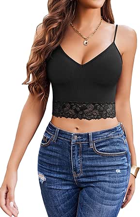 Avidlove Bralettes for Women Lace V Neck Y2k Camisole Spaghetti Strap Ribbed Tank Top Slim Basic Cami Crop Top