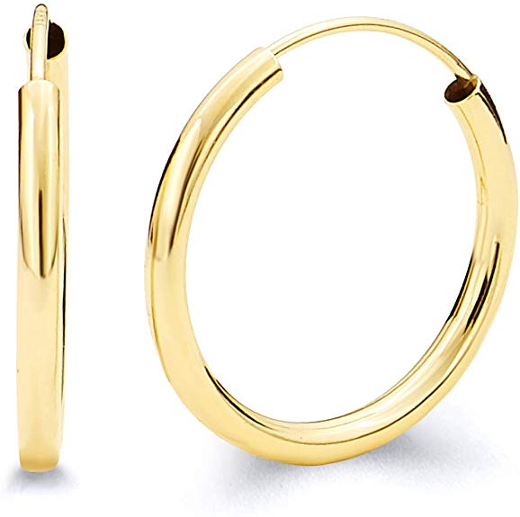 14k Yellow Gold 2mm Thickness Endless Hoop Earrings - 9 Different Size Available