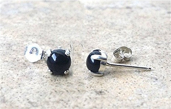 Black Onyx stud earrings - Genuine Black Onyx 5mm cabochon earrings in Sterling Silver or Gold