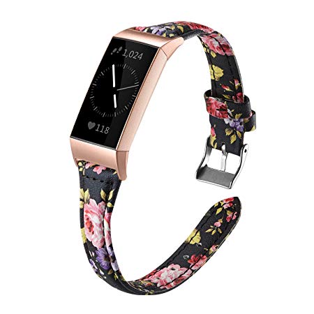 Shangpule Bands Compatible Fitbit Charge 3 for Women, Slim Premium Leather Band Flower Design Replacement Strap Accessories for Charge3 Large Small