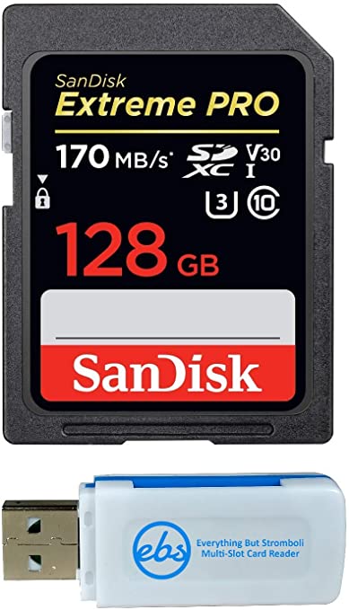 SanDisk 128GB SDXC SD Extreme Pro Memory Card Works with Canon EOS 77D, 80D, 70D, 6D, 60D Digital DSLR Camera 4K A2 (SDSDXXG-128G-GN4IN) Bundle with (1) Everything But Stromboli Combo Card Reader