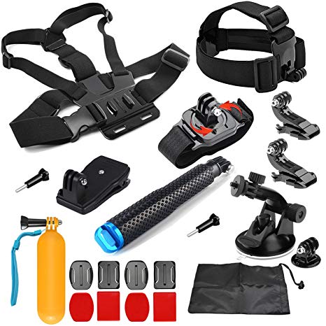 SHOOT 8 in 1 Accessories Kit for Gopro Hero 6/5/4/3 /3/2/1/HERO(2018)/Fusion AKASO EK7000 APEMAN Campark FITFORT 4K WIFI Action Camera Head Chest Strap   Monopod   Wrist Strap   Suction Cup   Hat Clip   Floaty Bar  Flat/Curved Mount kit   Pouch