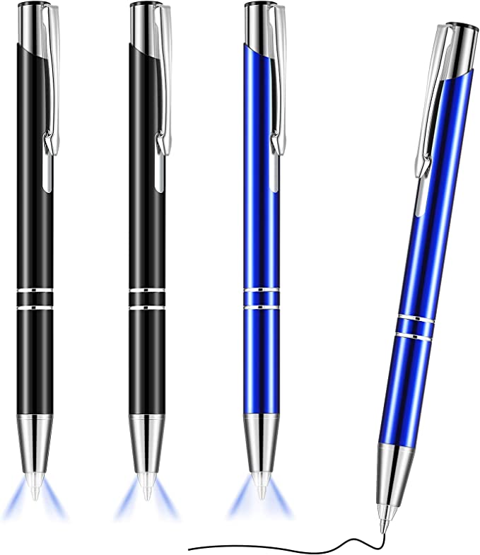 4 Pieces Lighted Tip Pen Ballpoint Pen with Light Flashlight LED Light Pen LED Penlight Light Up Pen for Writing in the Dark (Black and Blue)