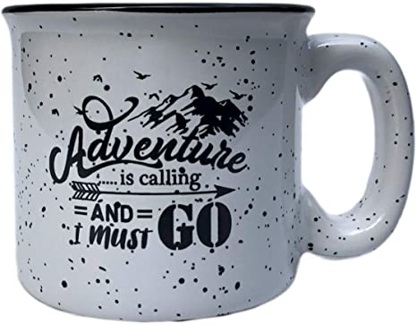 Adventure Is Calling Ceramic Campfire Coffee Mug - Campfire Gift Mug For Happy Camper - Outdoor Backpacking Mountain Camper Mugs Lovers - Cool Gifts for Friends, Moms- Perfect Christmas   Holiday Gift